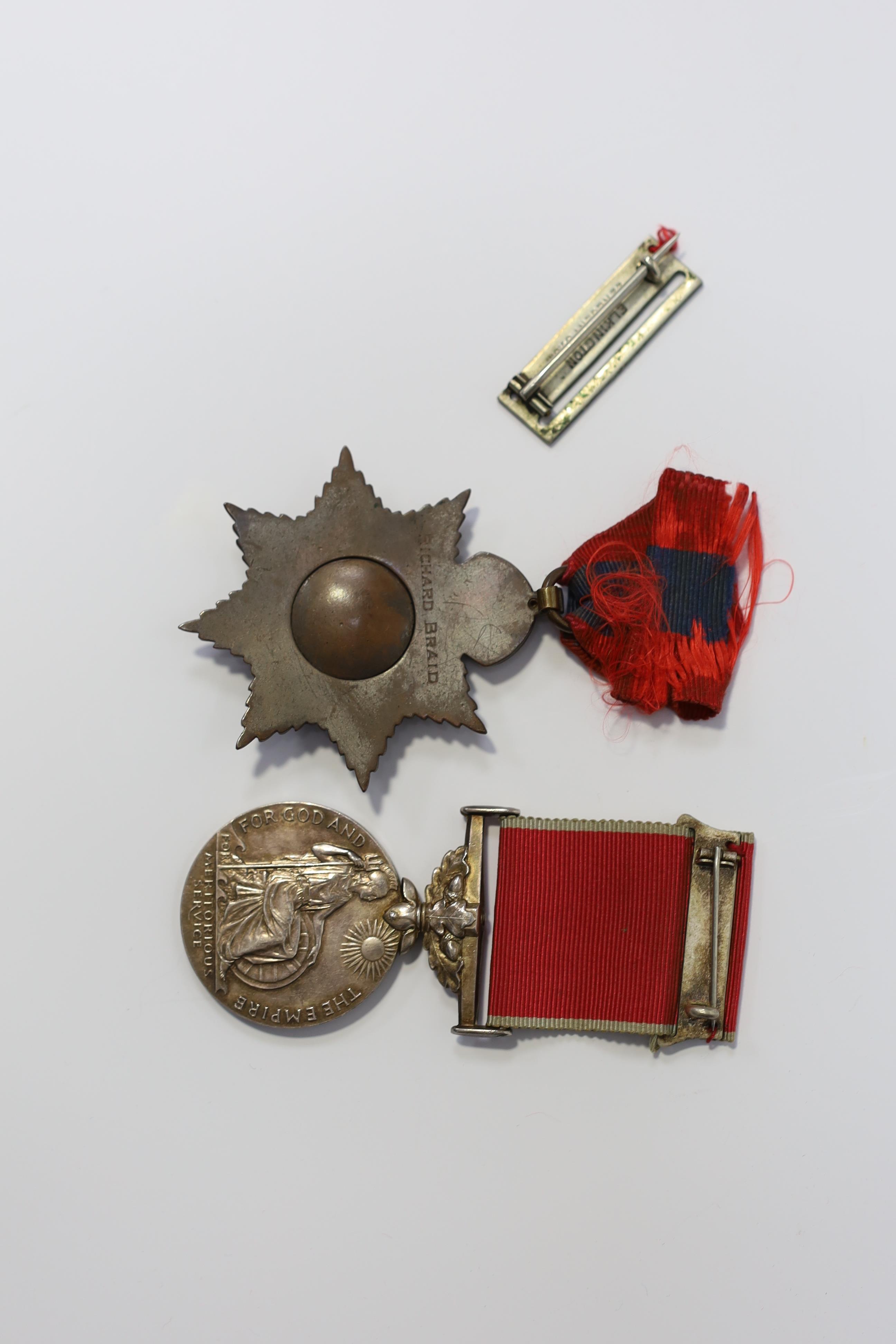 A cased George VI civil issue British Empire medal, awarded to George Watson, together with a cased George V Imperial Service Medal awarded to Richard Braid (2). Condition - fair to good